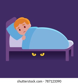 Little boy can't sleep scared monster under his bed  Chilhood fears cartoon vector illustration 