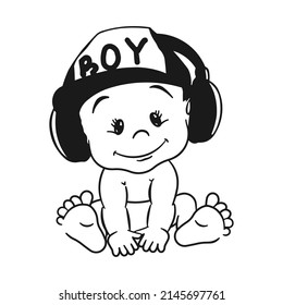 A Little Boy In A Cap And Headphones Is Sitting. Monochrome Drawing