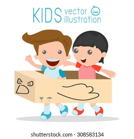 Little boy in a cardboard airplane, Creative kids plays with his cardboard airplane on white background,  kids playing, happy child, Vector Illustration