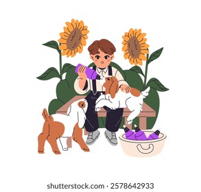 Little boy cares about baby goats in village. Happy kid feeds goatling, yeanling with milk from bottle. Child with cute farmer animals, livestock. Flat isolated vector illustration on white background