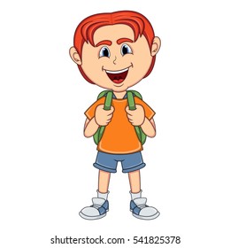 Little boy carrying a backpack cartoon vector illustration