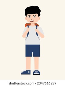 Little boy carrying a backpack and waving his hand cartoon vector illustration