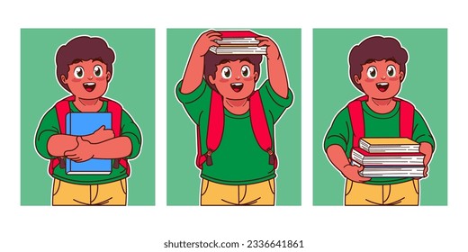 little boy carrying a book and wearing a backpack