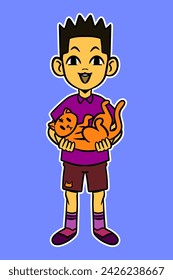 Little Boy Carrying a Cat Vector Illustration