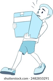 Little boy carrying heavy box line color vector illustration