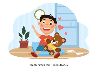 Little boy carrying his favorite toy, a brown plush teddy bear as he plays on a mat on the floor, colored cartoon vector illustration