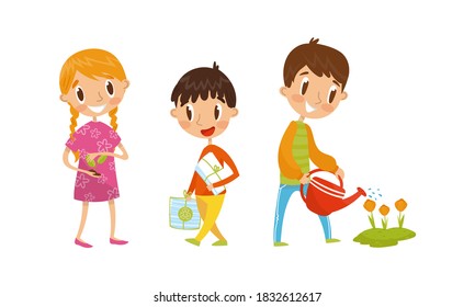 Little Boy Carrying Paper for Recycling and Girl Holding Seedling Vector Illustration Set