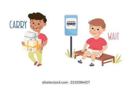 Little Boy Carrying Parcels in Cardboard Box and Waiting for the Bus Vector Set