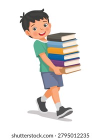 Little boy carrying a stack of books