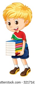 Niñito cargando una pila de ilustraciones de libros