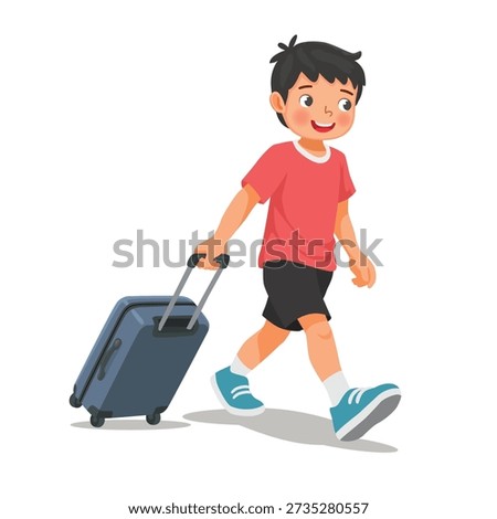 Little boy carrying wheel suitcase going for traveling