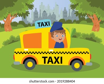 Little boy cartoon character dreaming as a taxi driver and driving a taxi at the park