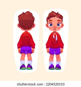 Little Boy Cartoon Character Front And Rear View. Cute Toddler Wear Red Hoodie, Purple Shorts, White Socks And Shoes. Funny Child With Ginger Hair, Blue Eyes And Freckles On Face Vector Illustration