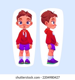 Little Boy Cartoon Character Front And Side View. Cute Toddler Wear Red Hoodie, Purple Shorts, White Socks And Shoes. Funny Child With Ginger Hair, Blue Eyes And Freckles On Face Vector Illustration