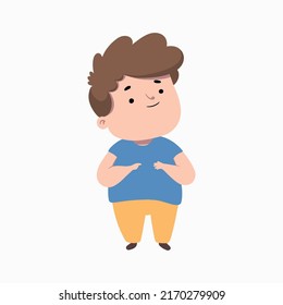 little boy cartoon character holding his big belly in a happy mood. Good for children book, etc.