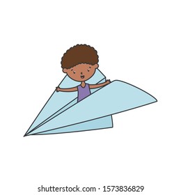 little boy cartoon character in paper plane playing vector illustration