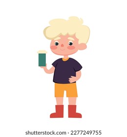 Niño pequeño. Personajes de dibujos animados. Ilustración vectorial de un niño. Aislado sobre fondo blanco. chico. chico con una taza