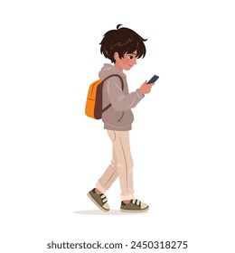 Little Boy in casual clothing walking and using his smartphone. Male character holding a mobile phone in his hands and reading messages. isolated vector illustration on white background.