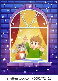 Little boy and a cat look out the window at the snowfall. A winter night. Vector illustration.