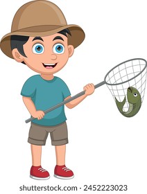 Little boy catches fish with net cartoon