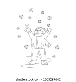 Little boy catches snowflakes. Black outline. Coloring page. Vector illustration.