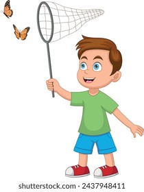 Little Boy catching butterflies with net