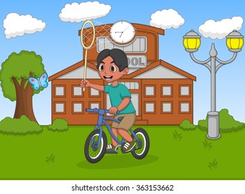 Little boy catching a butterfly with bicycle in front of his school cartoon vector illustration