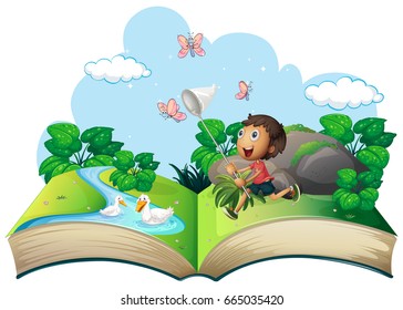 Little boy catching butterfly in the park illustration