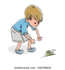 Little boy catching a snail, vector illustration.
