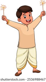 Niño pequeño celebra Diwali, niño indio dhoti vestido tradicional, ilustración de niño indio de dibujos animados