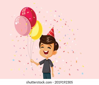 Little Boy Celebrating with Balloons Vector Cartoon. Cute little child character celebrating festive event with different party accessories
