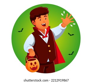 little boy celebrating happy  halloween wearing dracula uniform