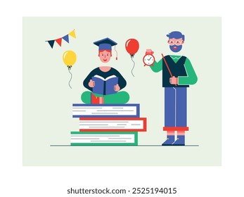 Little boy celebrating homeschool graduation with cap and balloon decoration, studying with male teacher. Character design. Vector flat illustration