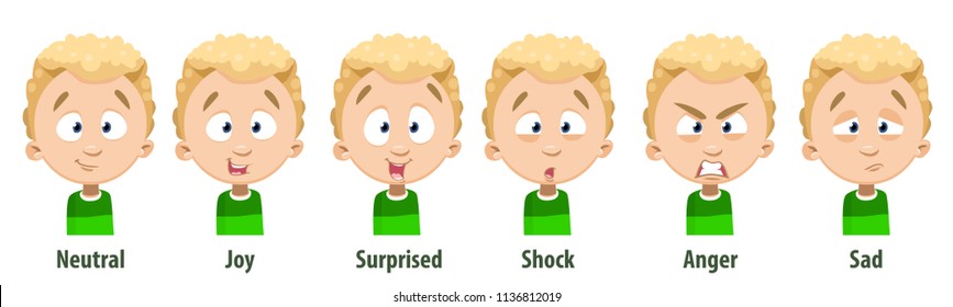 Little boy character avatars 6 different face expressions. Blonde hair guy in green shirt. Neutral, joy, surprised, shock, anger, sad. Isolated on white background.