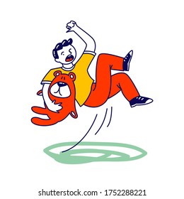 Little Boy Character with Bear Toy in Hand Slipping and Falling on Puddle, Wet Floor or Fall From Stairs. Person Safety, Dangerous Trauma, Danger Accident, Slip and Stumble. Linear Vector Illustration