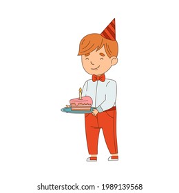 Little Boy Character in Birthday Hat and Bowtie Carrying Cake with Candle Vector Illustration