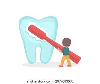 Little boy Character Brushing Tooth. Child holding toothbrush. Morning or Evening Daily Routine. Kid Dental Health Care, Hygiene and Discipline Concept.