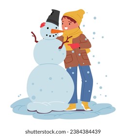 Little Boy Character, Bundled In Winter Gear, Joyfully Sculpts A Snowman. His Rosy Cheeks And Bright Eyes Mirror The Snowman Creation, A Heartwarming Winter Scene. Cartoon People Vector Illustration