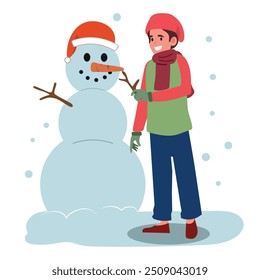 Little Boy Character, Bundled In Winter Gear, Joyfully Sculpts A Snowman. His Rosy Cheeks And Bright Eyes Mirror The Snowman Creation, A Heartwarming Winter Scene. Cartoon People Vector Illustration.