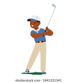 Little Boy Character, Concentrated And Joyful, Stands On A Vibrant Green, Swinging His Golf Club With Youthful Enthusiasm, Dreaming Of Becoming The Next Golf Legend. Cartoon People Vector Illustration