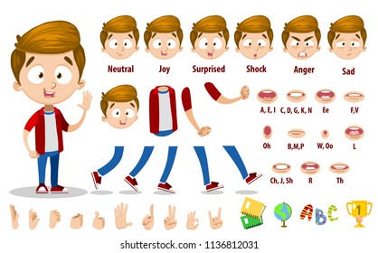 Little Boy Character Constructor For Animation And Custom Illustrations. Dark Brown Hair Guy In Red Shirt. Character Creation Set With Various Views, Face Emotions, Lip Sync And Poses. 