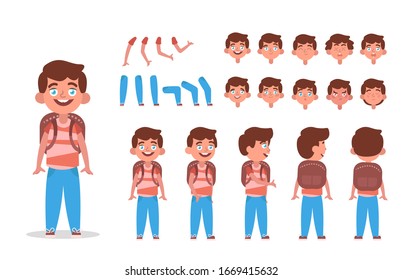 Little Boy Character Constructor For Animation With Various Views, Poses, Gestures, Hairstyles And Emotions. Cartoon Kid Boy, Children Parts Of Body Ready To Use Poses. Vector Illustration