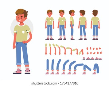 Little Boy Character Constructor for Animation.  Front, Side and Back View. Cute Kid in Trendy Clothes and Different Postures. Body Parts Collection. Flat Cartoon Vector Illustration.
