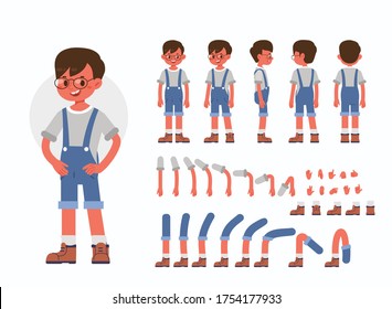 Little Boy Character Constructor for Animation.  Front, Side and Back View. Cute Kid in Trendy Clothes and Different Postures. Body Parts Collection. Flat Cartoon Vector Illustration.