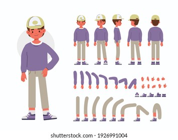 Little Boy Character Constructor for Animation.  Front, Side and Back View. Cute Kid wearing Trendy Clothes in Different Postures. Body Parts Collection. Flat Cartoon Vector Illustration.
