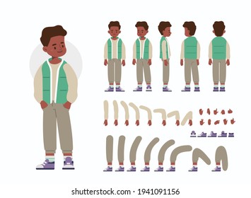 Little Boy Character Constructor for Animation.  Front, Side and Back View. Cute Kid wearing Sleeveless Jacket in Different Postures. Body Parts Collection. Flat Cartoon Vector Illustration.