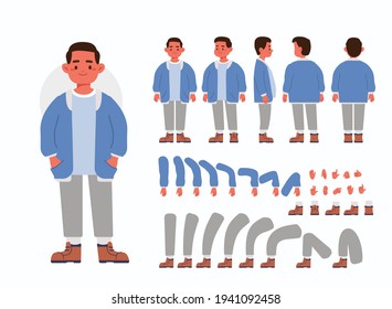 Little Boy Character Constructor for Animation.  Front, Side and Back View. Cute Kid wearing Bomber Jacket in Different Postures. Body Parts Collection. Flat Cartoon Vector Illustration.