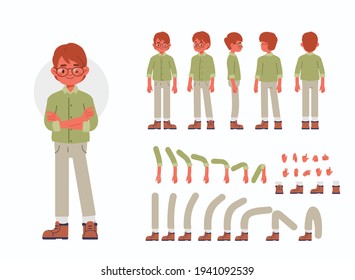 Little Boy Character Constructor for Animation.  Front, Side and Back View. Cute Kid wearing Shirt in Different Postures. Body Parts Collection. Flat Cartoon Vector Illustration.