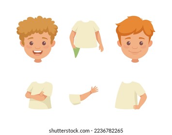 Little Boy Character Constructor with Body Parts and Face Emotion Vector Set