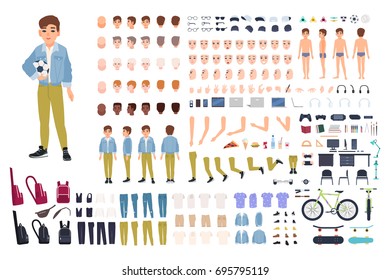 Little boy character constructor. Male child creation set. Different postures, hairstyle, face, legs, hands, clothes, accessories collection. Vector cartoon illustration. Front, side, back view